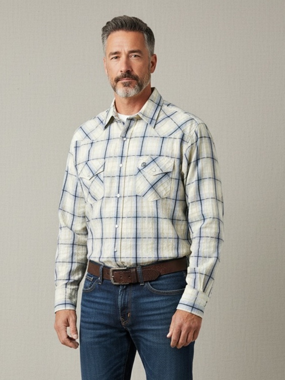 George Strait Yellow Blue Plaid Western Pearl Snap Shirt Size XLT